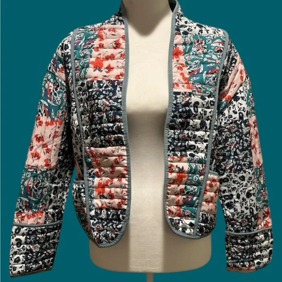Warm Trendy Quilted Jacket Open Front Multi-Color All-Over Floral Print Small - Picture 2 of 16